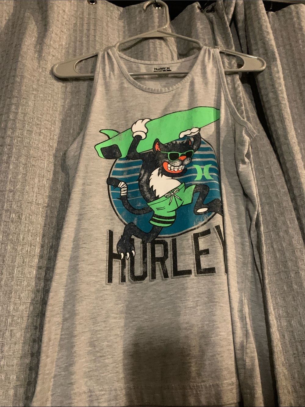 Hurley Gray Kids Tank with Surfing Cat Graphic and Neon Green Accents